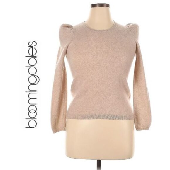C by BLOOMINGDALE'S, 100% cashmere tan sweater with puff sleeve shoulders - Picture 1 of 10